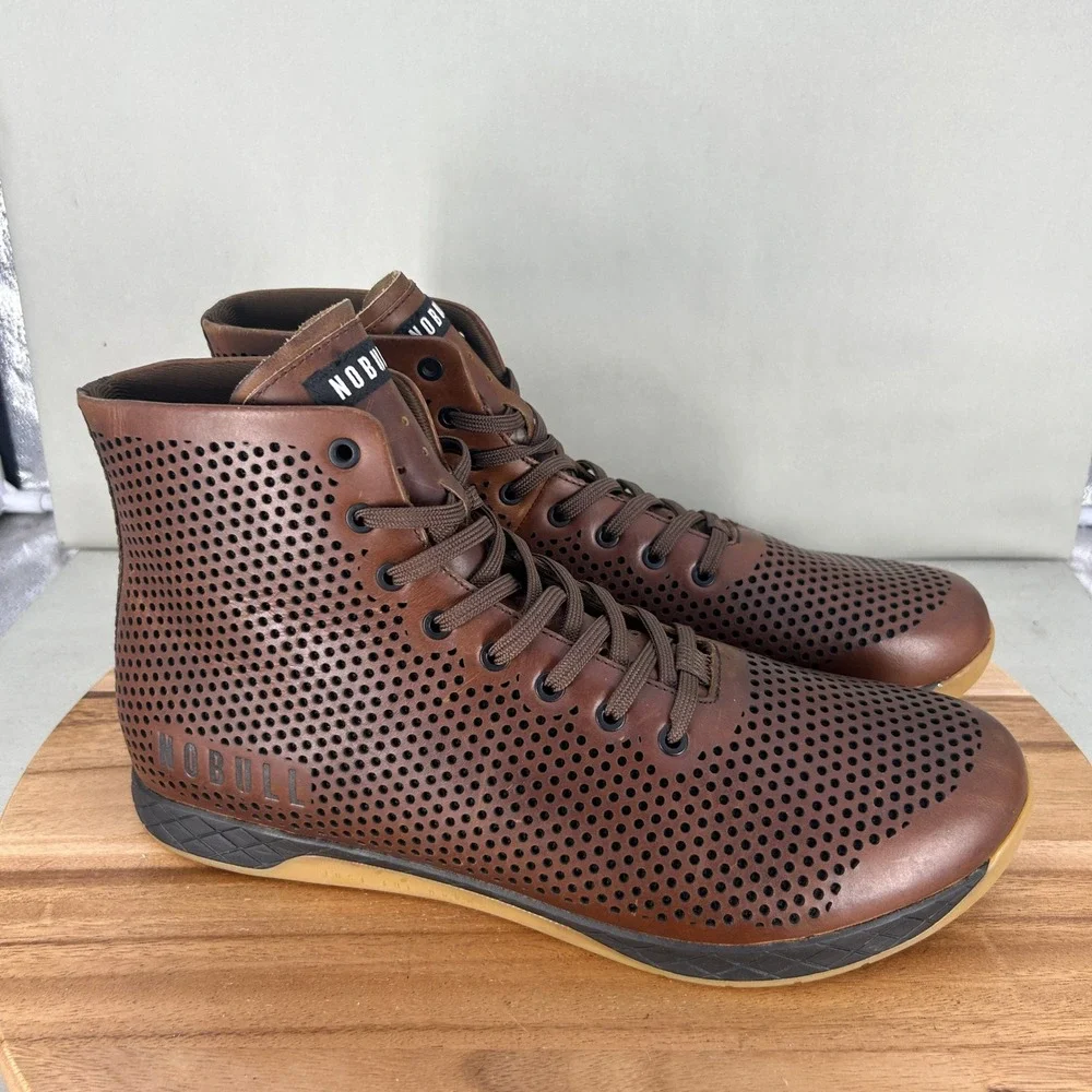 NOBULL Mens Size 16 Perforated Leather High Top Trainer Coffee Brown Sneaker
